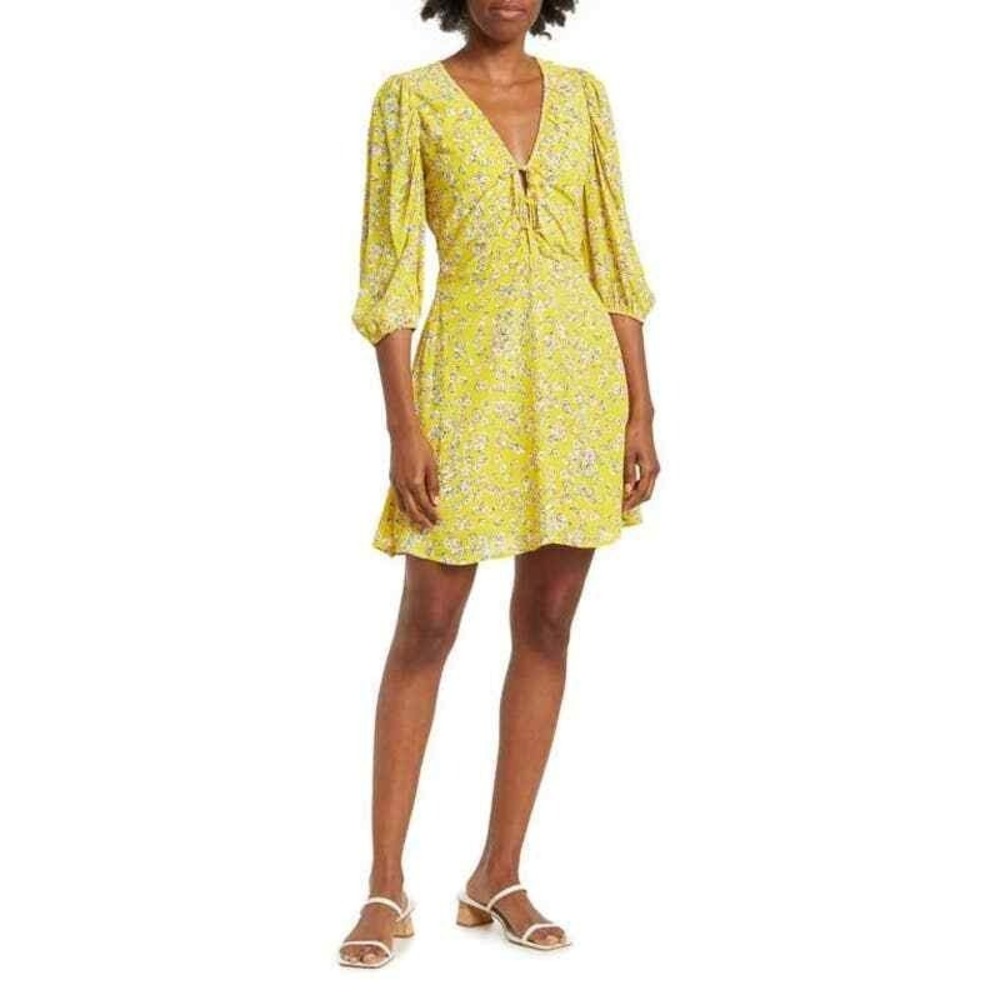 NICHOLAS Danni Mini Dress Women 4 Yellow Floral V-Neck Puff Sleeve Tie Front